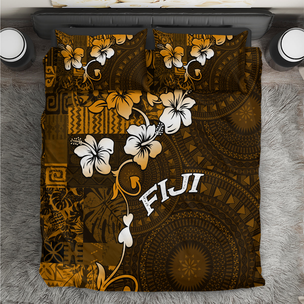 Fiji Masi With Hibiscus Tapa Tribal Bedding Set Gold Version LT01 Gold - Polynesian Pride