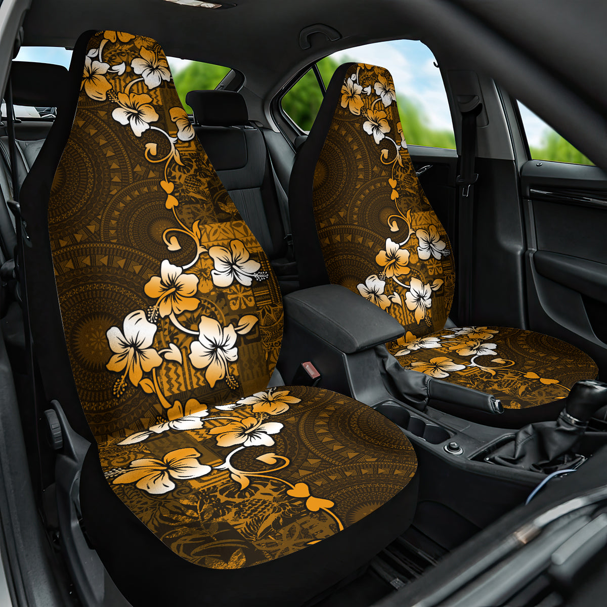 Fiji Masi With Hibiscus Tapa Tribal Car Seat Cover Gold Version LT01 One Size Gold - Polynesian Pride
