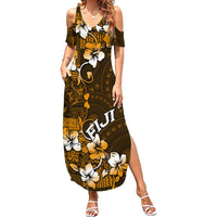 Fiji Masi With Hibiscus Tapa Tribal Family Matching Summer Maxi Dress and Hawaiian Shirt Gold Version LT01 Mom's Dress Gold - Polynesian Pride