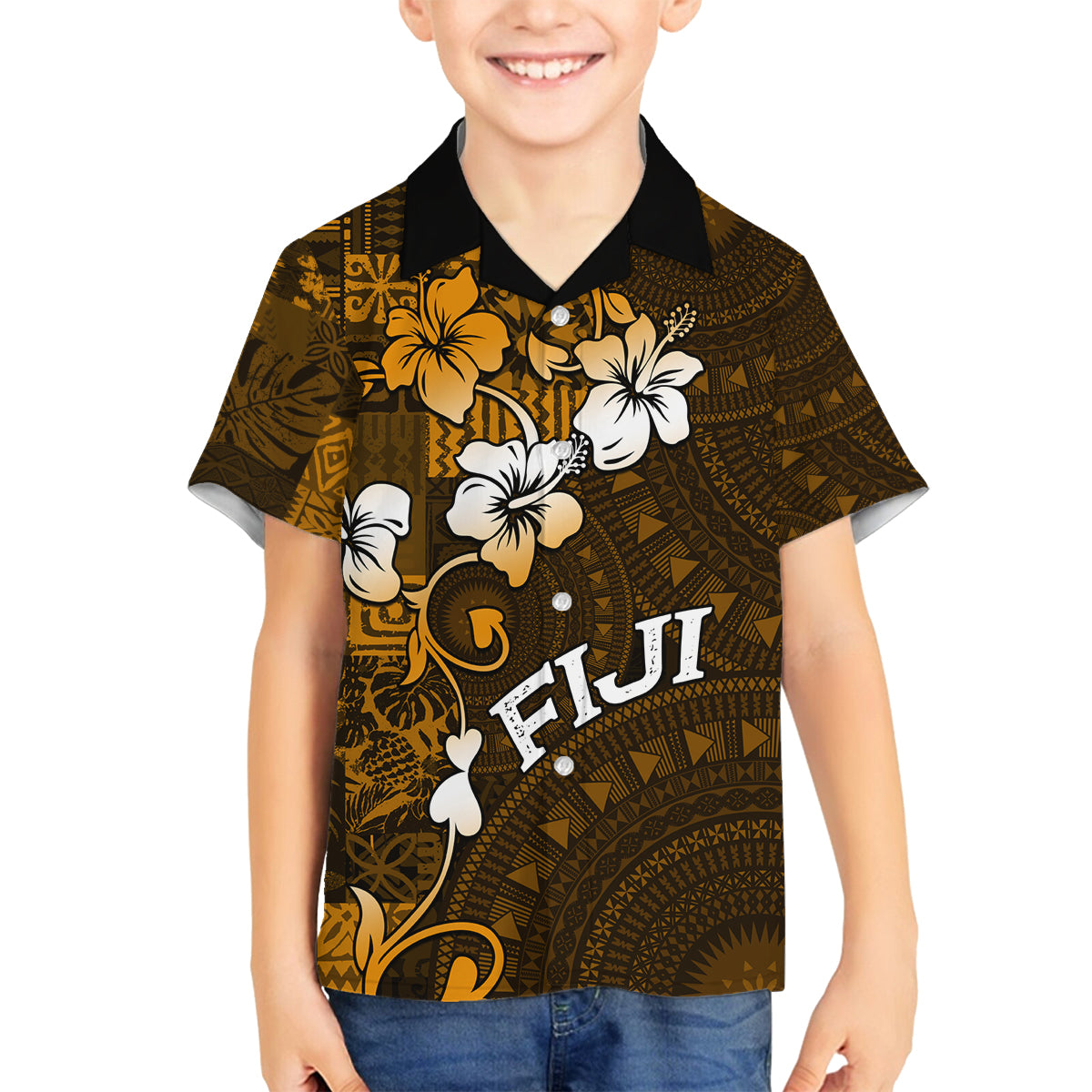 Fiji Masi With Hibiscus Tapa Tribal Family Matching Summer Maxi Dress and Hawaiian Shirt Gold Version LT01 Son's Shirt Gold - Polynesian Pride