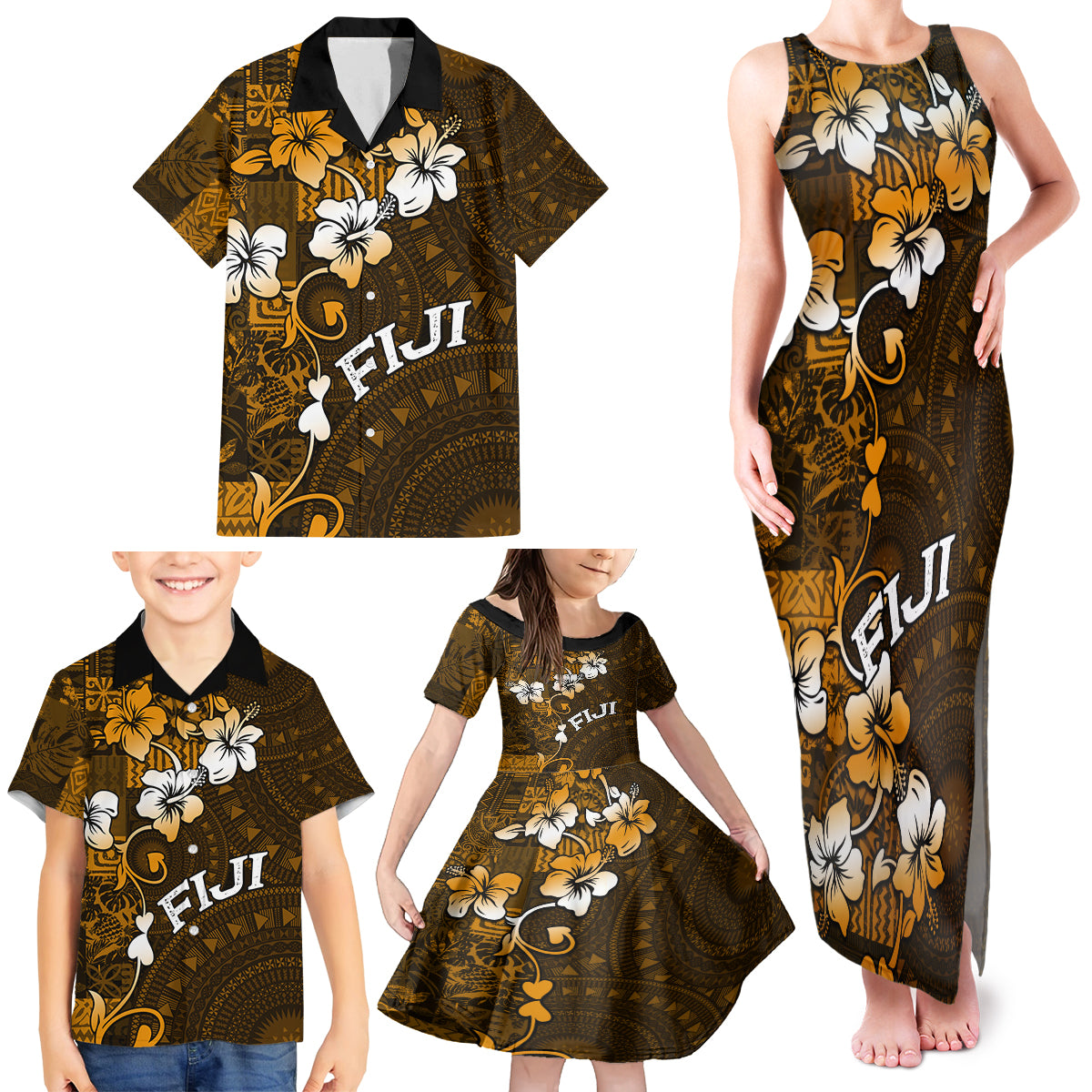 Fiji Masi With Hibiscus Tapa Tribal Family Matching Tank Maxi Dress and Hawaiian Shirt Gold Version LT01 - Polynesian Pride