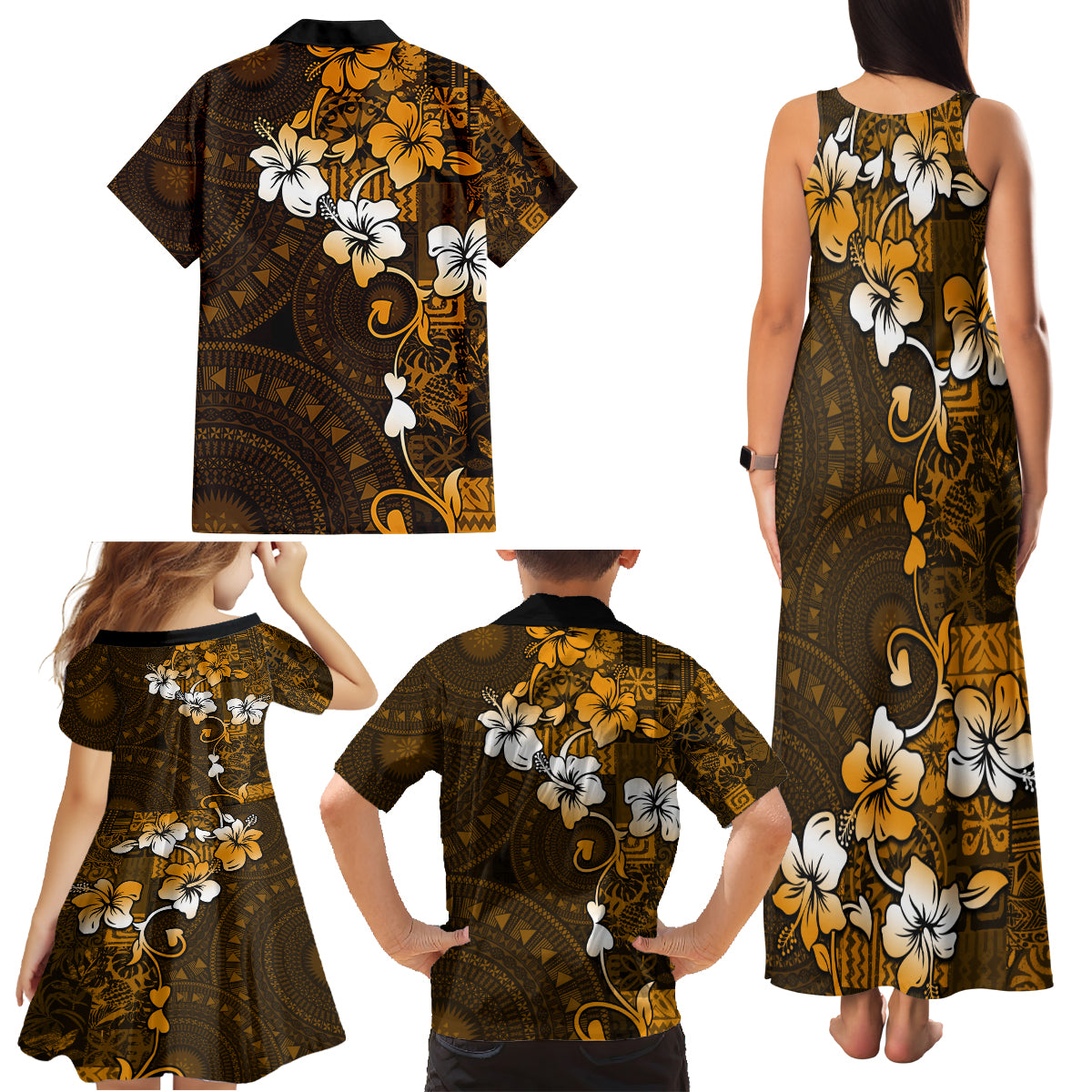 Fiji Masi With Hibiscus Tapa Tribal Family Matching Tank Maxi Dress and Hawaiian Shirt Gold Version LT01 - Polynesian Pride