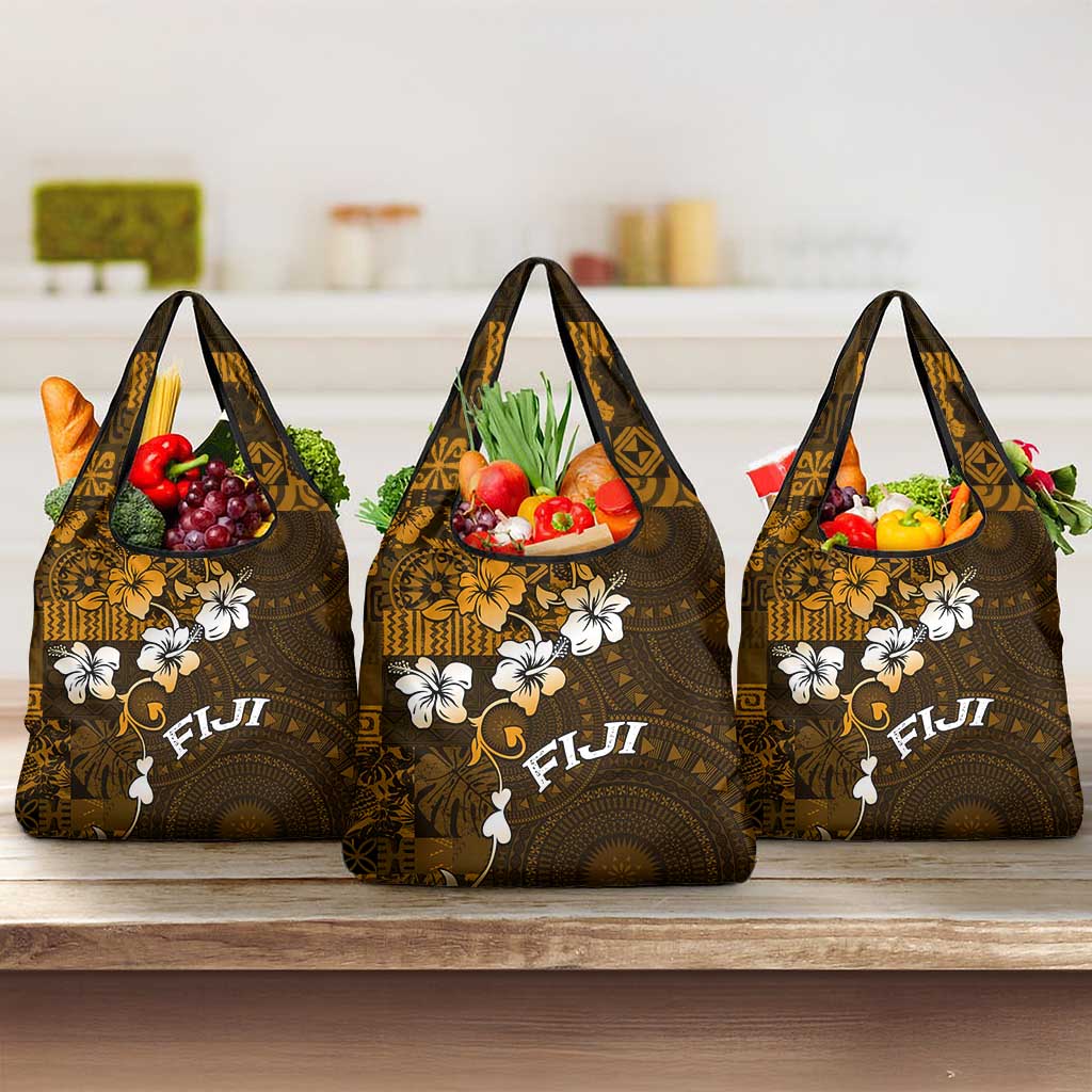 Fiji Masi With Hibiscus Tapa Tribal Grocery Bag Gold Version