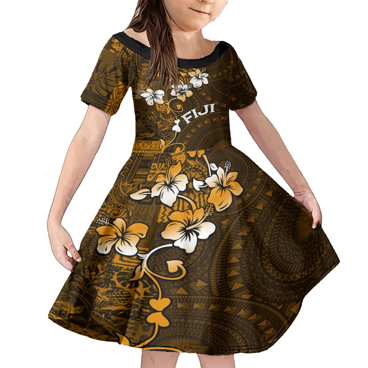 Fiji Masi With Hibiscus Tapa Tribal Kid Short Sleeve Dress Gold Version LT01 KID Gold - Polynesian Pride