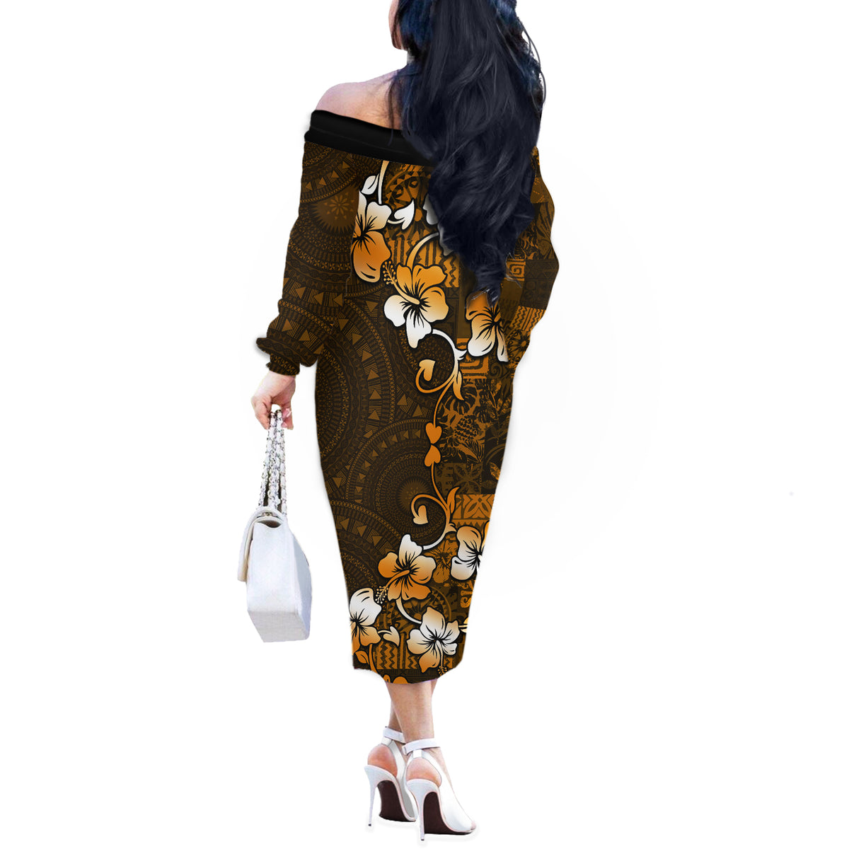 Fiji Masi With Hibiscus Tapa Tribal Off The Shoulder Long Sleeve Dress Gold Version LT01 - Polynesian Pride