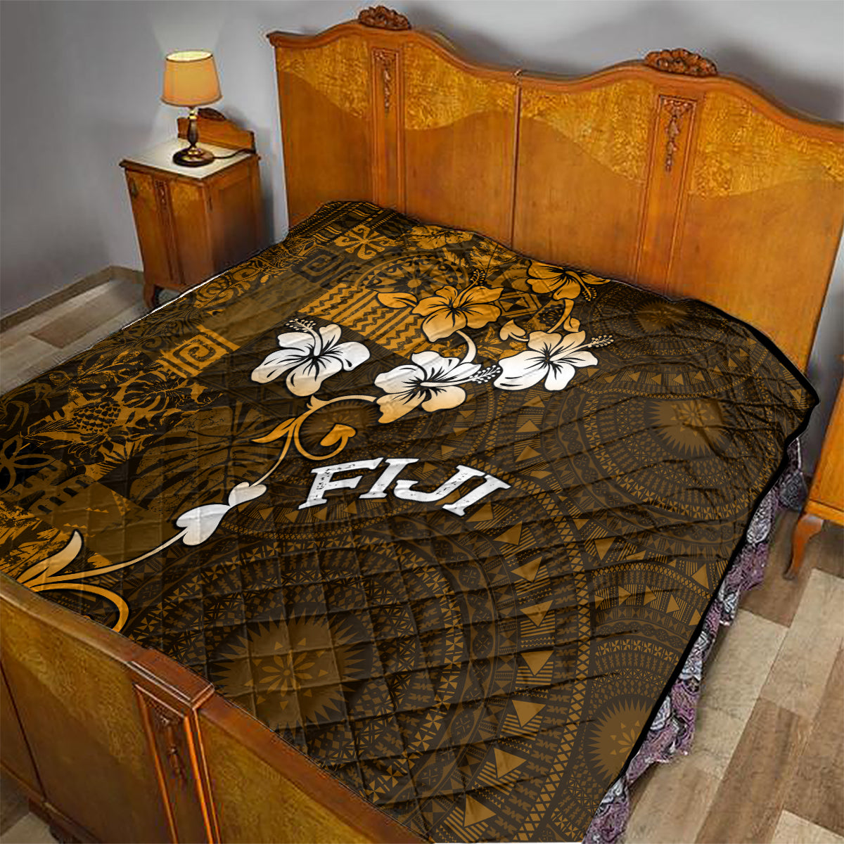 Fiji Masi With Hibiscus Tapa Tribal Quilt Gold Version LT01 - Polynesian Pride