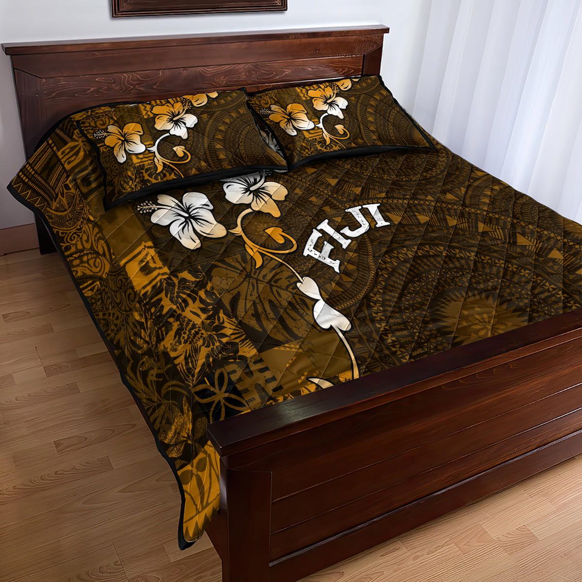 Fiji Masi With Hibiscus Tapa Tribal Quilt Bed Set Gold Version LT01 - Polynesian Pride