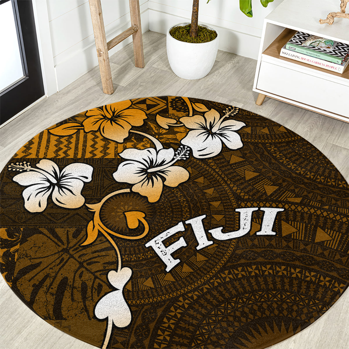 Fiji Masi With Hibiscus Tapa Tribal Round Carpet Gold Version LT01 Gold - Polynesian Pride