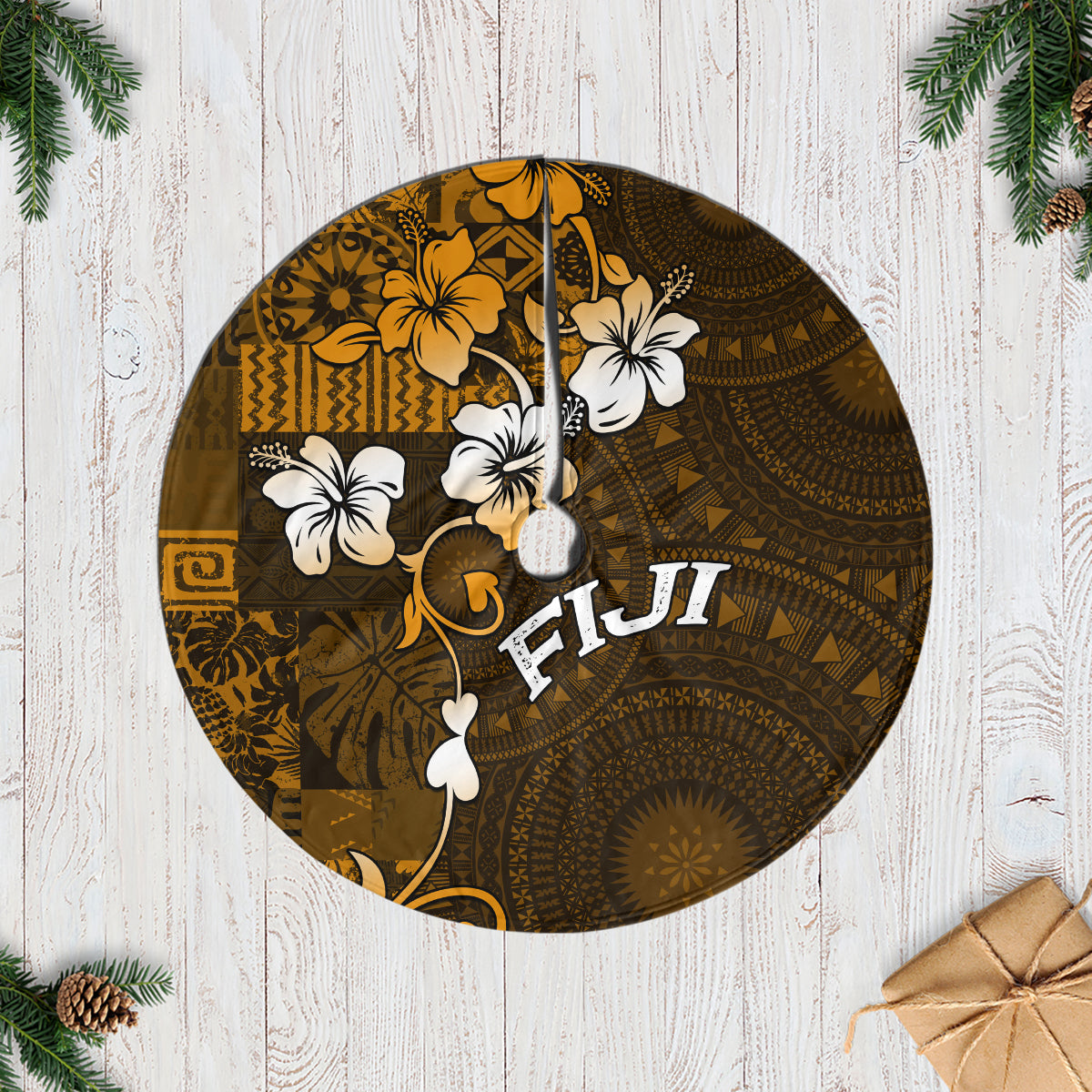 Fiji Masi With Hibiscus Tapa Tribal Tree Skirt Gold Version LT01 Casual Tree Skirts Gold - Polynesian Pride