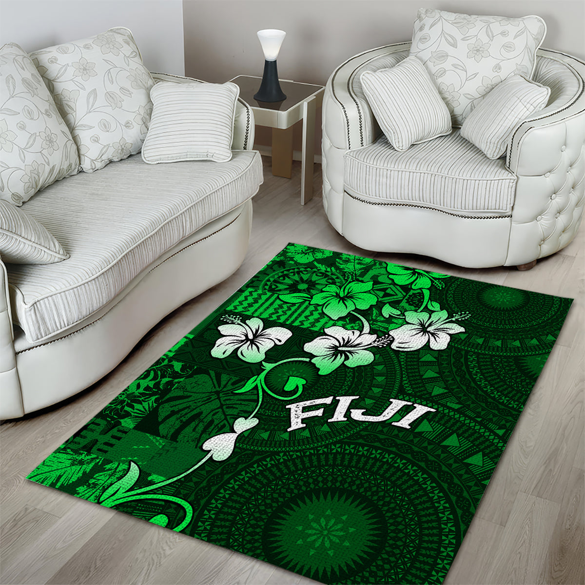 Fiji Masi Area Rug Fijian Hibiscus Tapa Green Version LT01 - Polynesian Pride