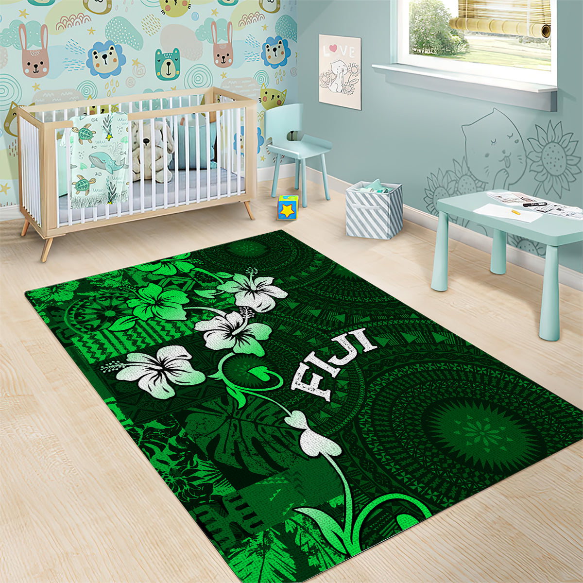 Fiji Masi Area Rug Fijian Hibiscus Tapa Green Version LT01 - Polynesian Pride