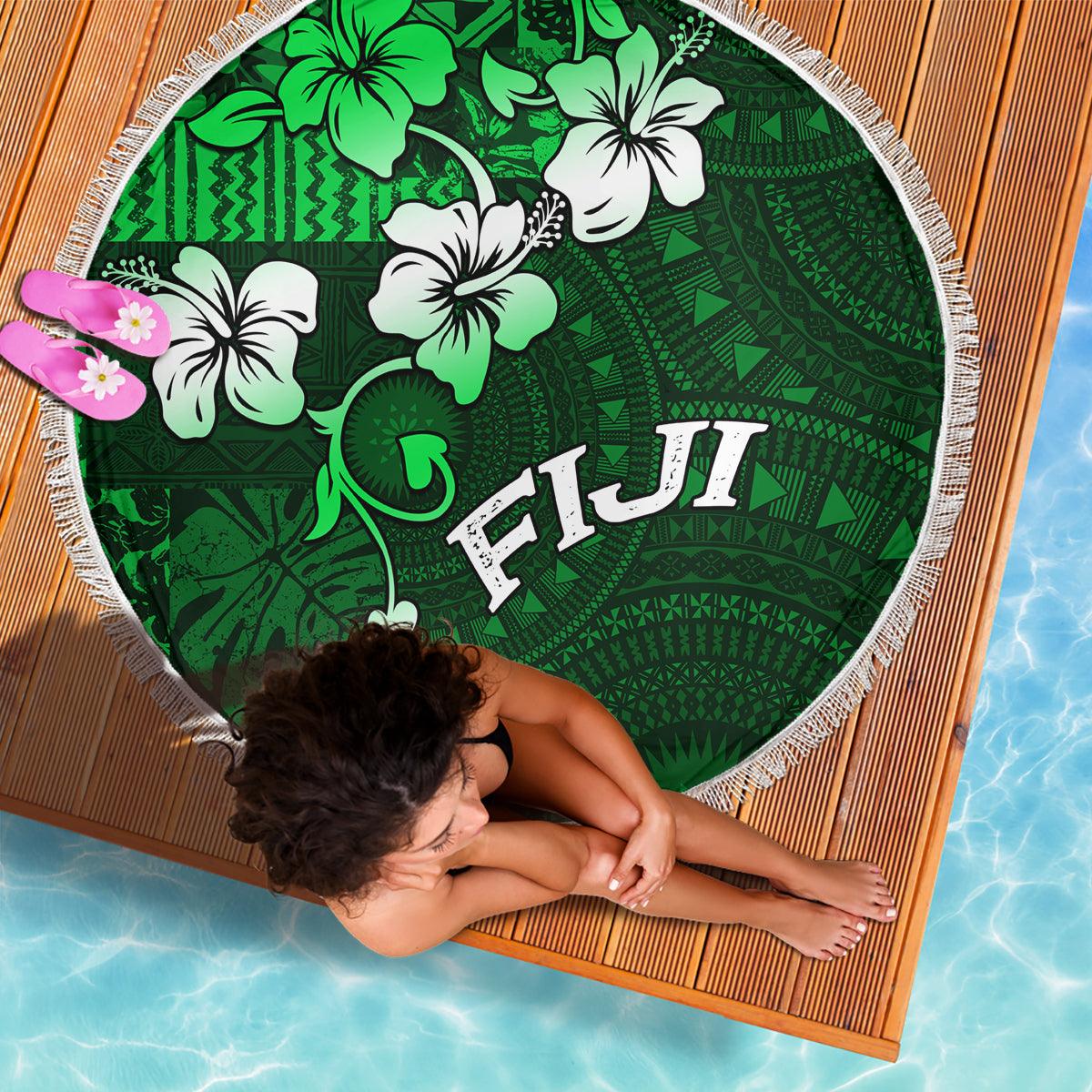 Fiji Masi Beach Blanket Fijian Hibiscus Tapa Green Version LT01 - Polynesian Pride