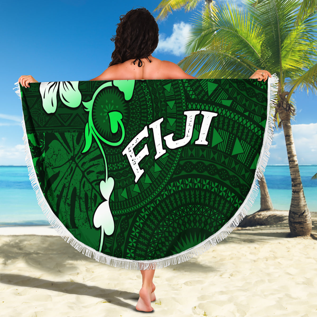 Fiji Masi Beach Blanket Fijian Hibiscus Tapa Green Version LT01 - Polynesian Pride