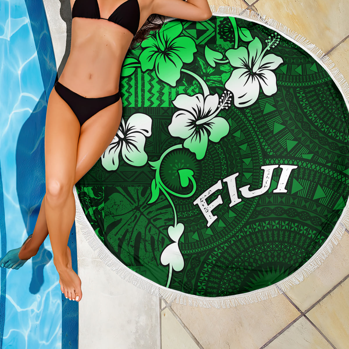 Fiji Masi Beach Blanket Fijian Hibiscus Tapa Green Version LT01 - Polynesian Pride