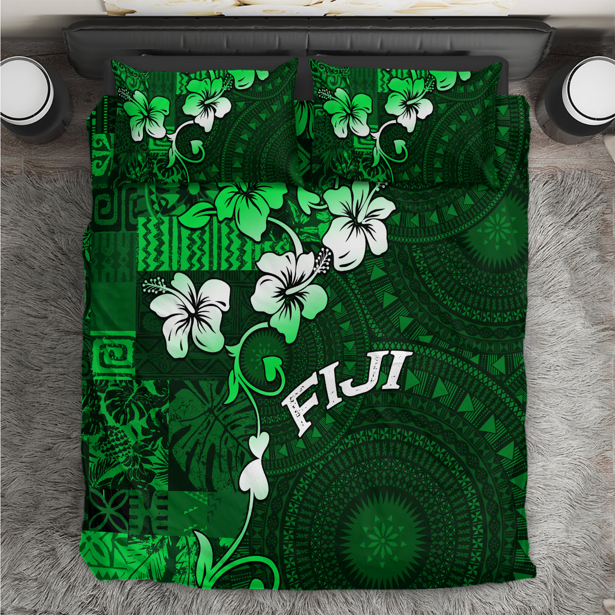 Fiji Masi Bedding Set Fijian Hibiscus Tapa Green Version LT01 Green - Polynesian Pride