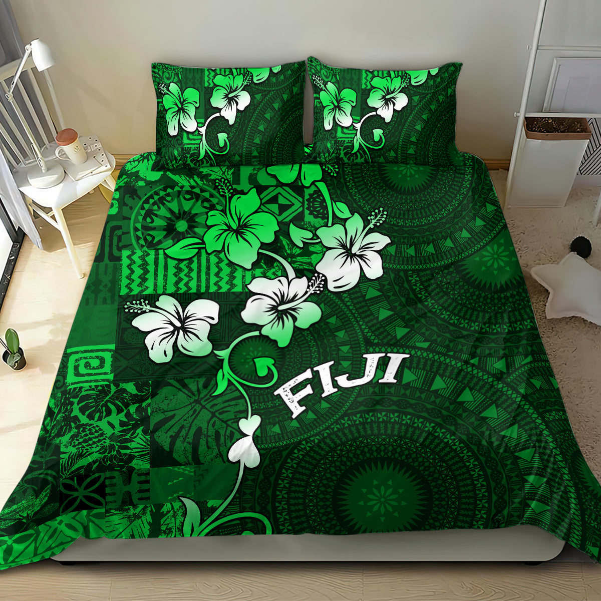Fiji Masi Bedding Set Fijian Hibiscus Tapa Green Version LT01 - Polynesian Pride