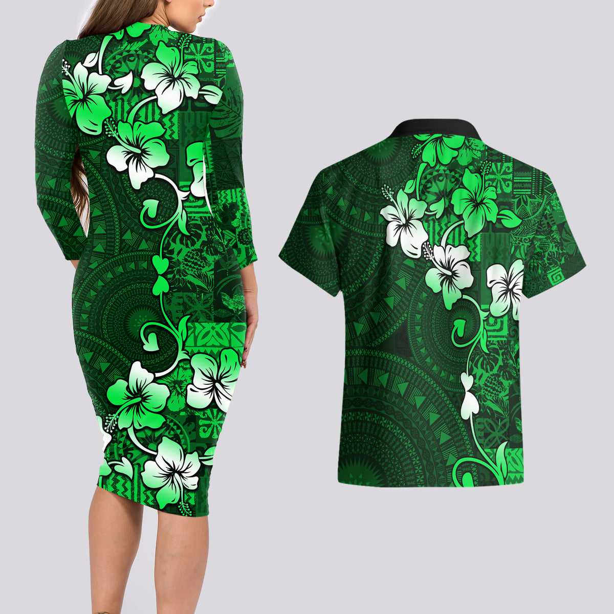 Fiji Masi Couples Matching Long Sleeve Bodycon Dress and Hawaiian Shirt Fijian Hibiscus Tapa Green Version LT01 - Polynesian Pride