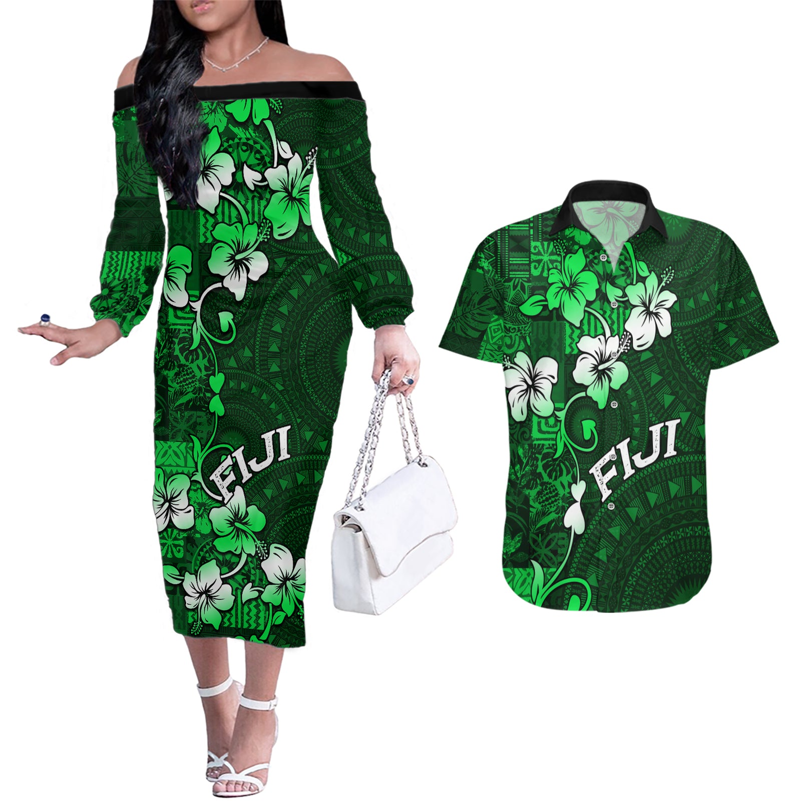 Fiji Masi Couples Matching Off The Shoulder Long Sleeve Dress and Hawaiian Shirt Fijian Hibiscus Tapa Green Version LT01 Green - Polynesian Pride