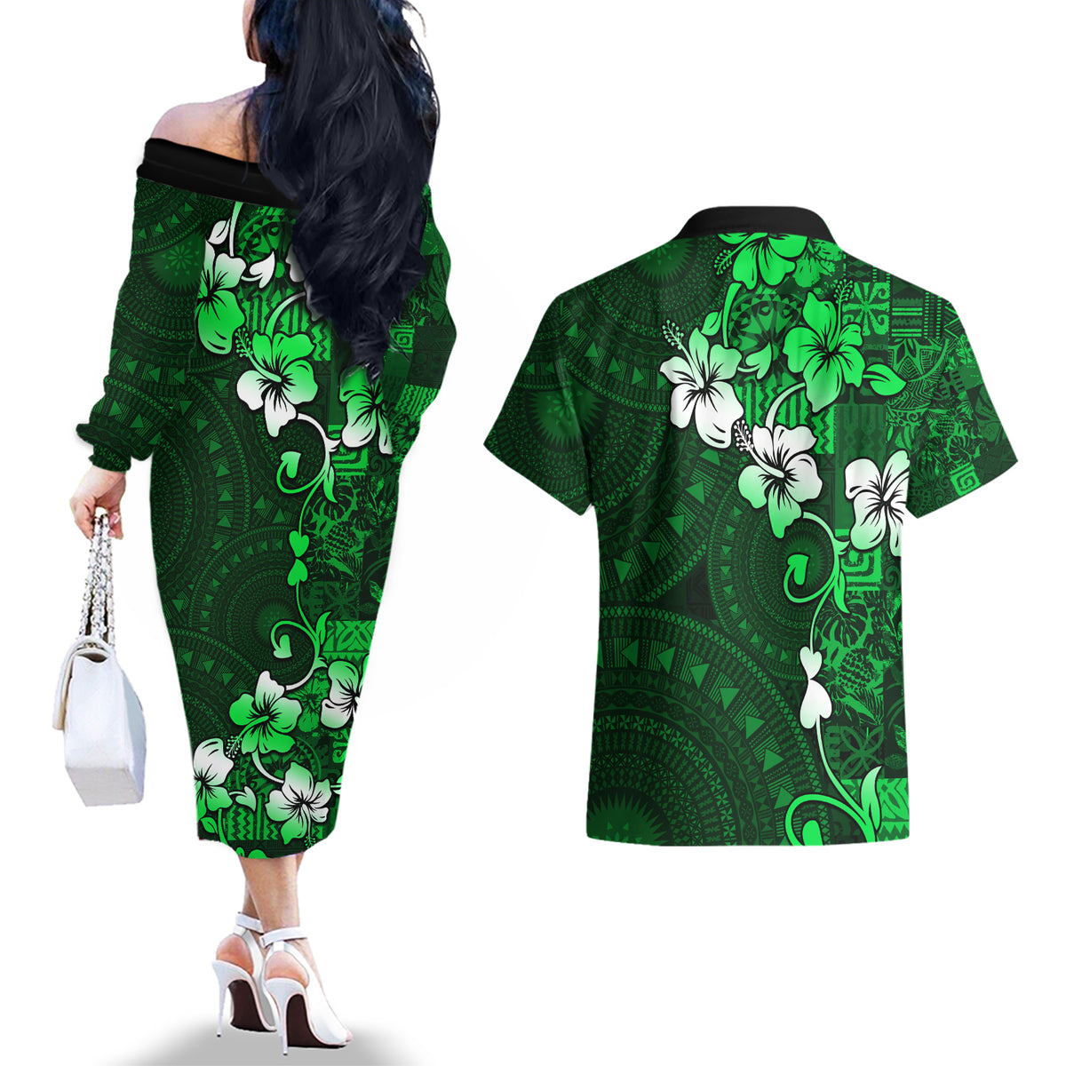 Fiji Masi Couples Matching Off The Shoulder Long Sleeve Dress and Hawaiian Shirt Fijian Hibiscus Tapa Green Version LT01 - Polynesian Pride