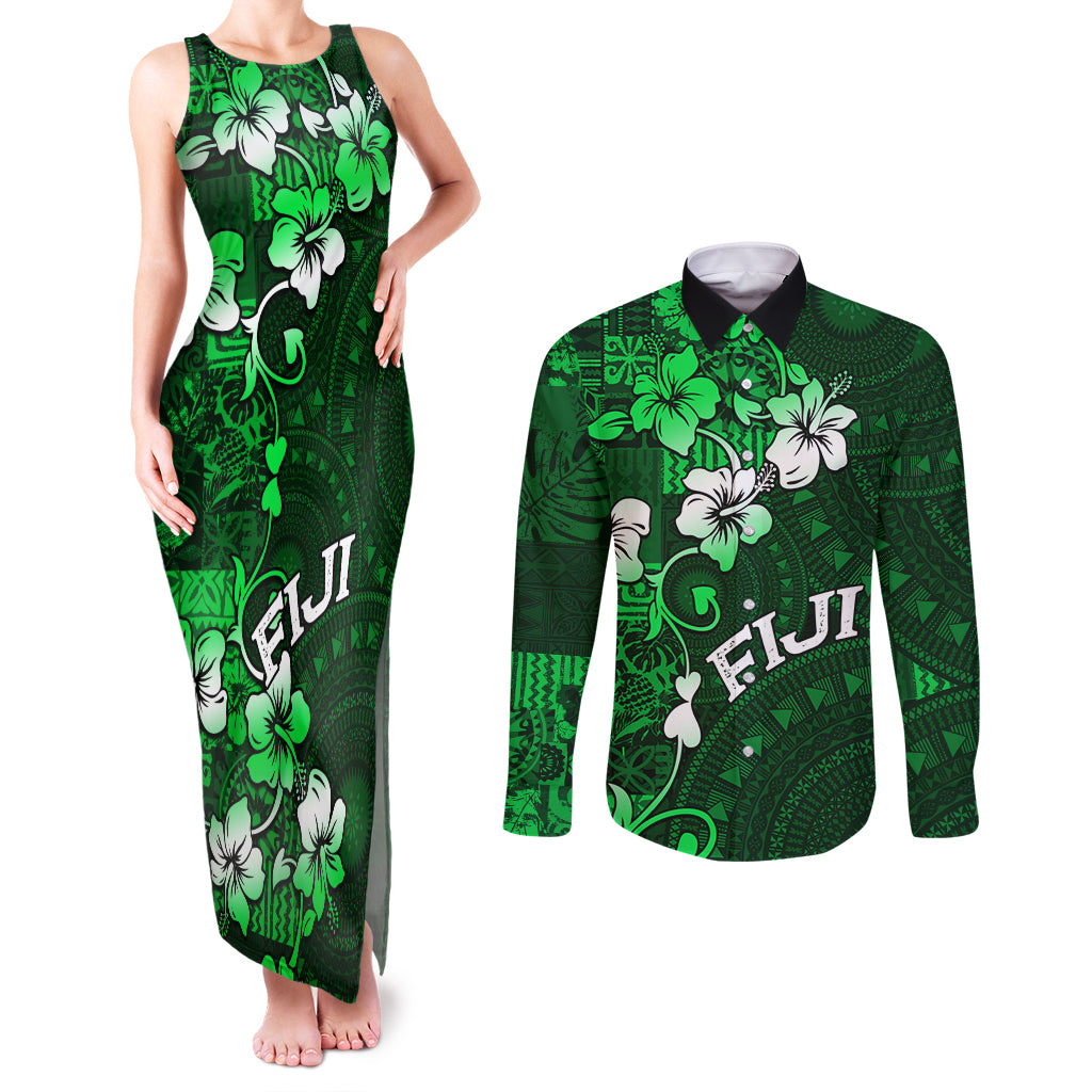 Fiji Masi Couples Matching Tank Maxi Dress and Long Sleeve Button Shirt Fijian Hibiscus Tapa Green Version LT01 Green - Polynesian Pride