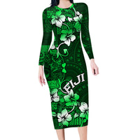 Fiji Masi Family Matching Long Sleeve Bodycon Dress and Hawaiian Shirt Fijian Hibiscus Tapa Green Version LT01 Mom's Dress Green - Polynesian Pride