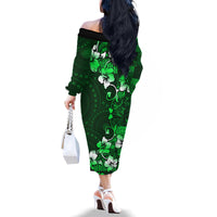 Fiji Masi Family Matching Off Shoulder Long Sleeve Dress and Hawaiian Shirt Fijian Hibiscus Tapa Green Version LT01 - Polynesian Pride