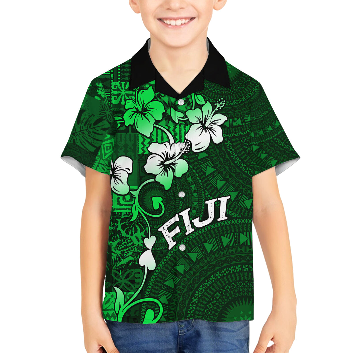 Fiji Masi Family Matching Off Shoulder Maxi Dress and Hawaiian Shirt Fijian Hibiscus Tapa Green Version LT01 Son's Shirt Green - Polynesian Pride