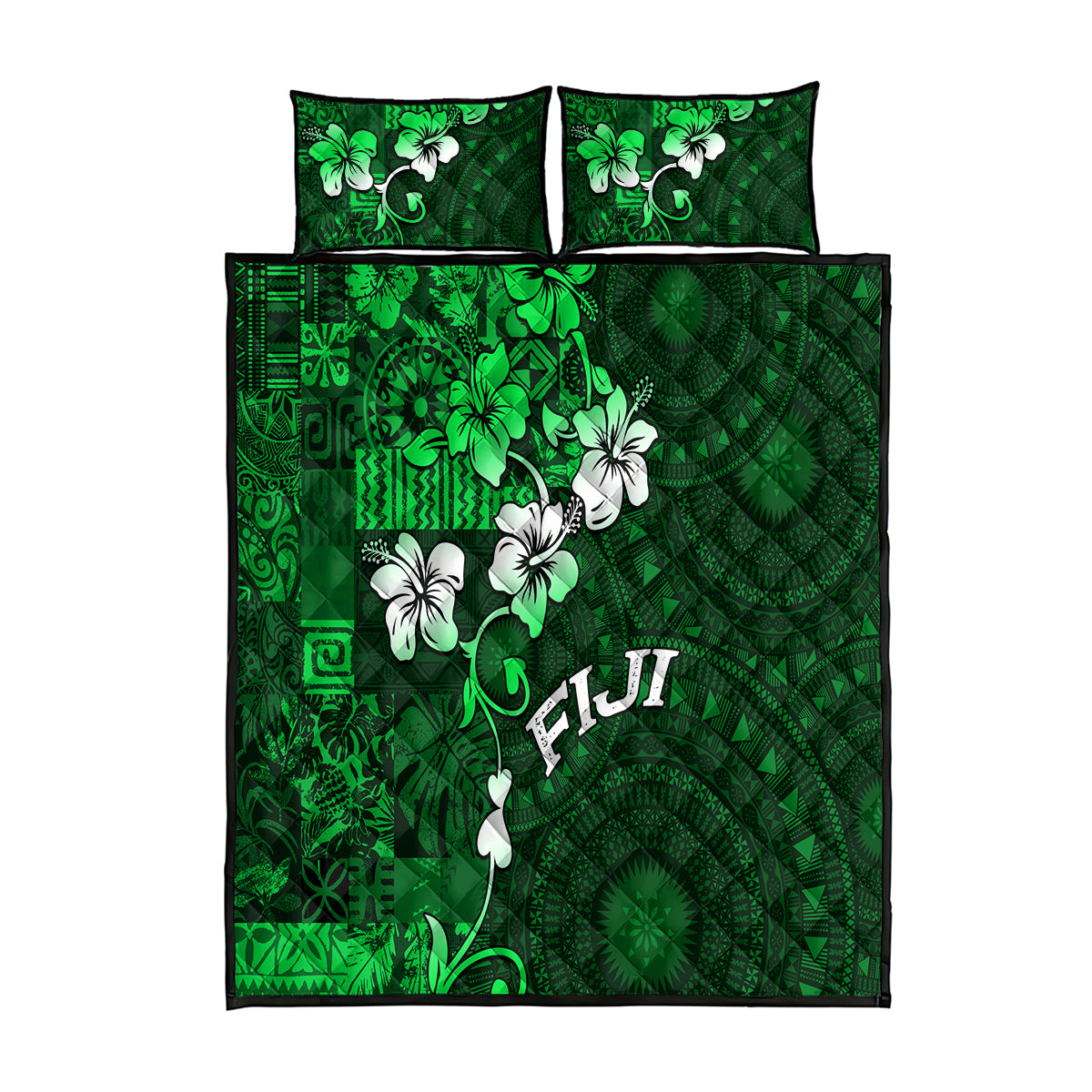 Fiji Masi Quilt Bed Set Fijian Hibiscus Tapa Green Version LT01 Green - Polynesian Pride