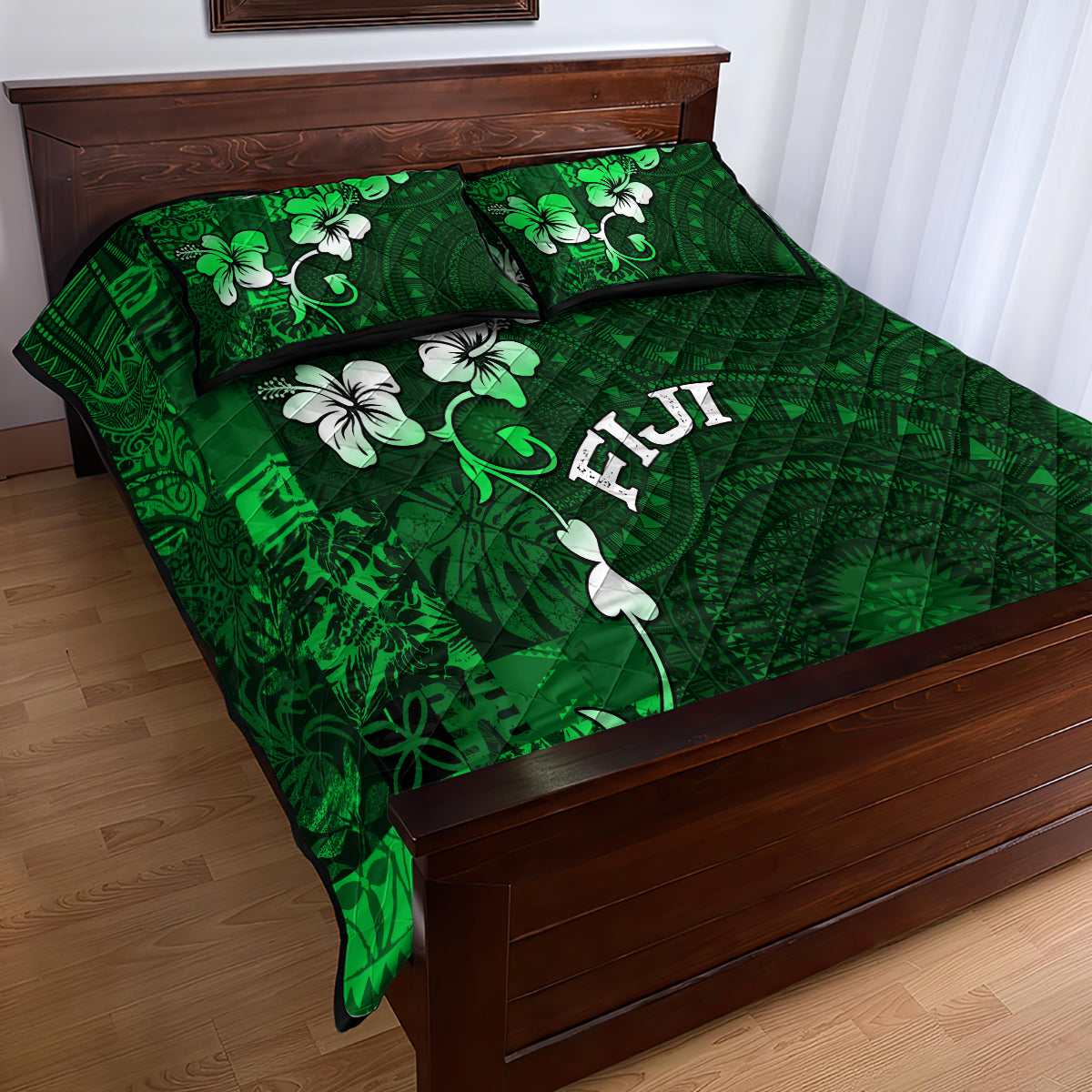Fiji Masi Quilt Bed Set Fijian Hibiscus Tapa Green Version LT01 - Polynesian Pride