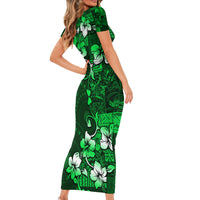 Fiji Masi Short Sleeve Bodycon Dress Fijian Hibiscus Tapa Green Version LT01 - Polynesian Pride