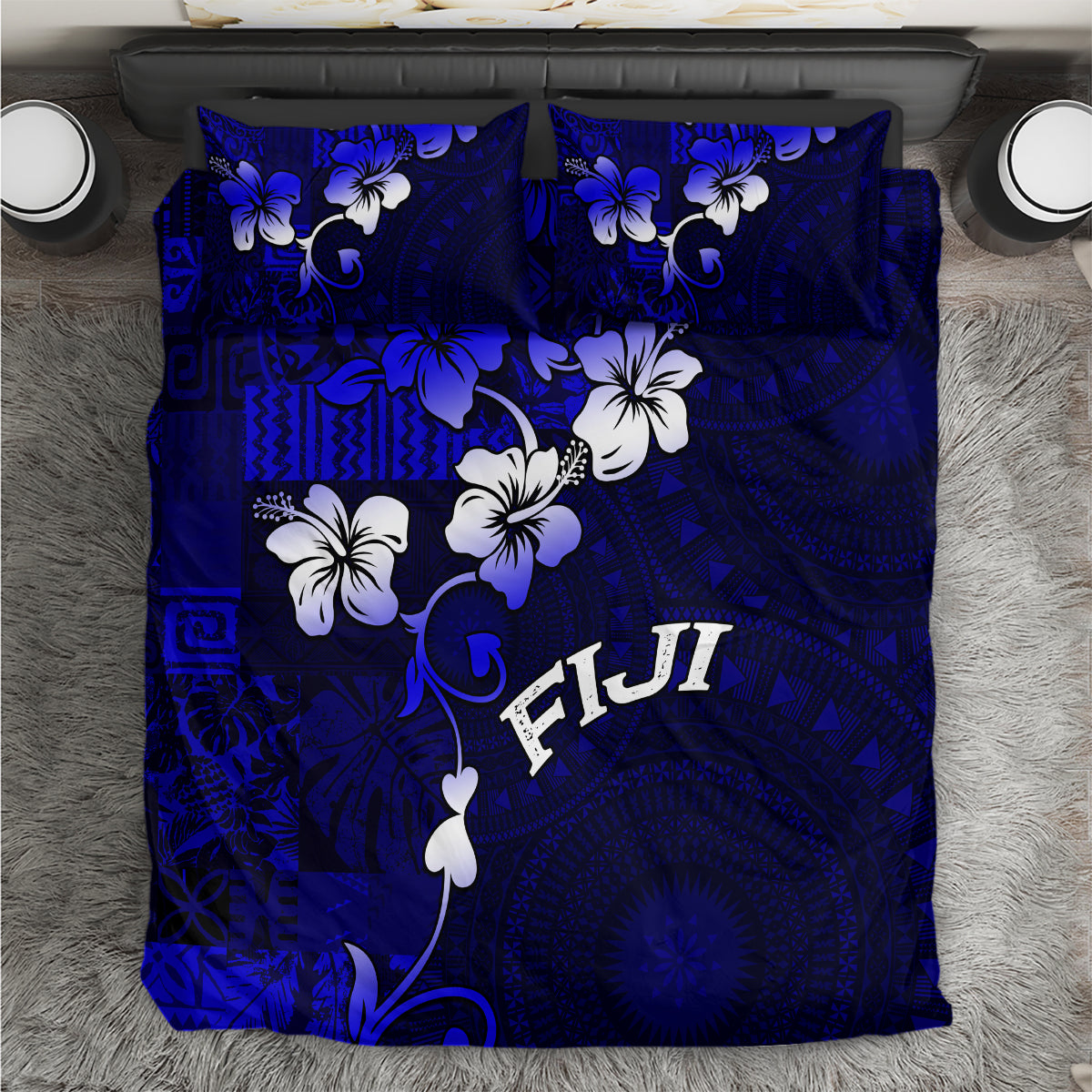 Fiji Masi Bedding Set Fijian Hibiscus Navy Blue Gold Version LT01 Blue - Polynesian Pride