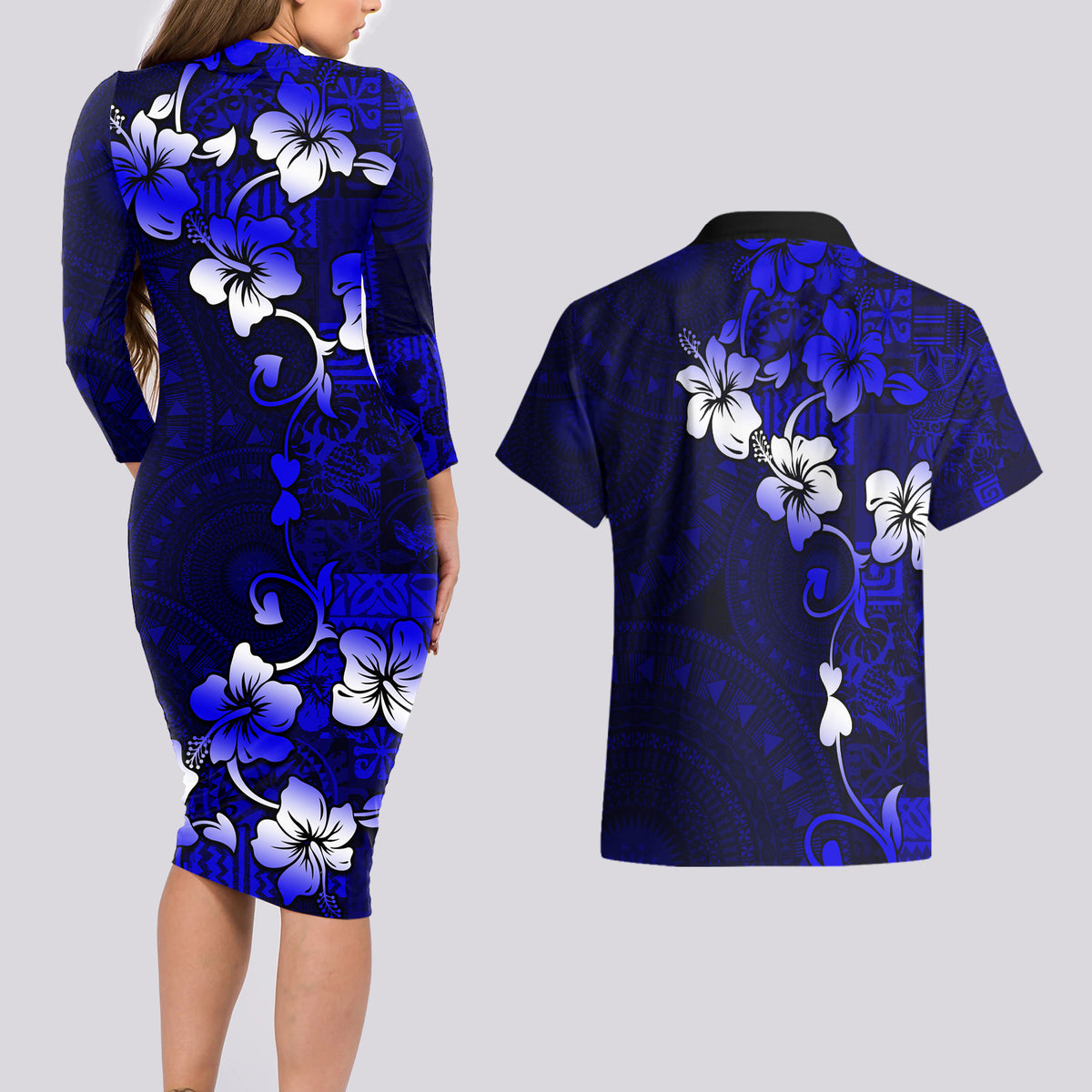Fiji Masi Couples Matching Long Sleeve Bodycon Dress and Hawaiian Shirt Fijian Hibiscus Navy Blue Gold Version LT01 - Polynesian Pride