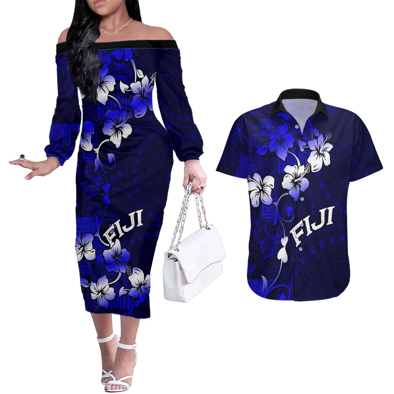 Fiji Masi Couples Matching Off The Shoulder Long Sleeve Dress and Hawaiian Shirt Fijian Hibiscus Navy Blue Gold Version LT01 Blue - Polynesian Pride