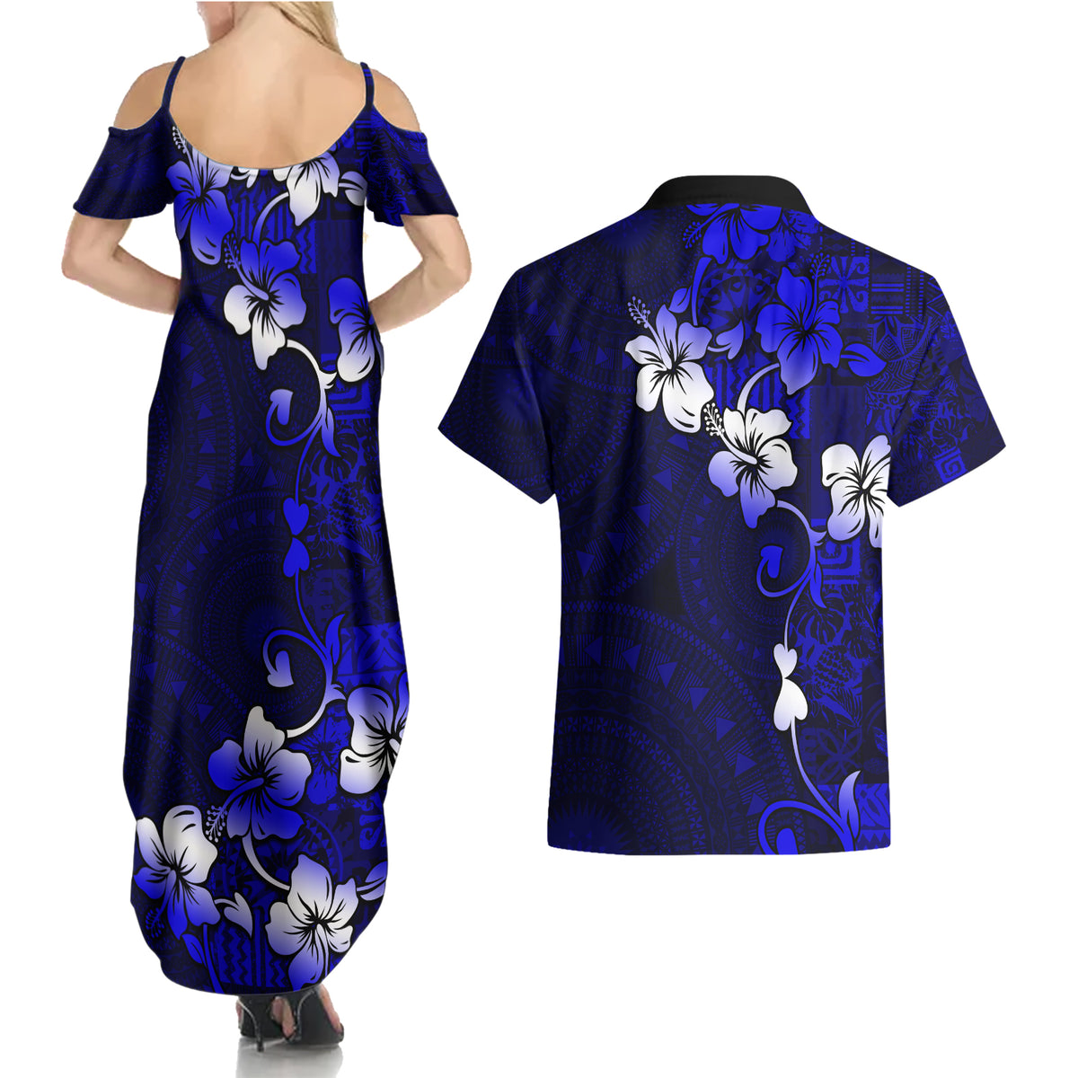 Fiji Masi Couples Matching Summer Maxi Dress and Hawaiian Shirt Fijian Hibiscus Navy Blue Gold Version LT01 - Polynesian Pride
