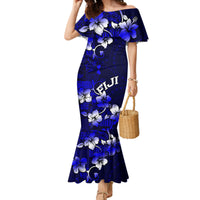 Fiji Masi Family Matching Mermaid Dress and Hawaiian Shirt Fijian Hibiscus Navy Blue Gold Version LT01 Mom's Dress Blue - Polynesian Pride