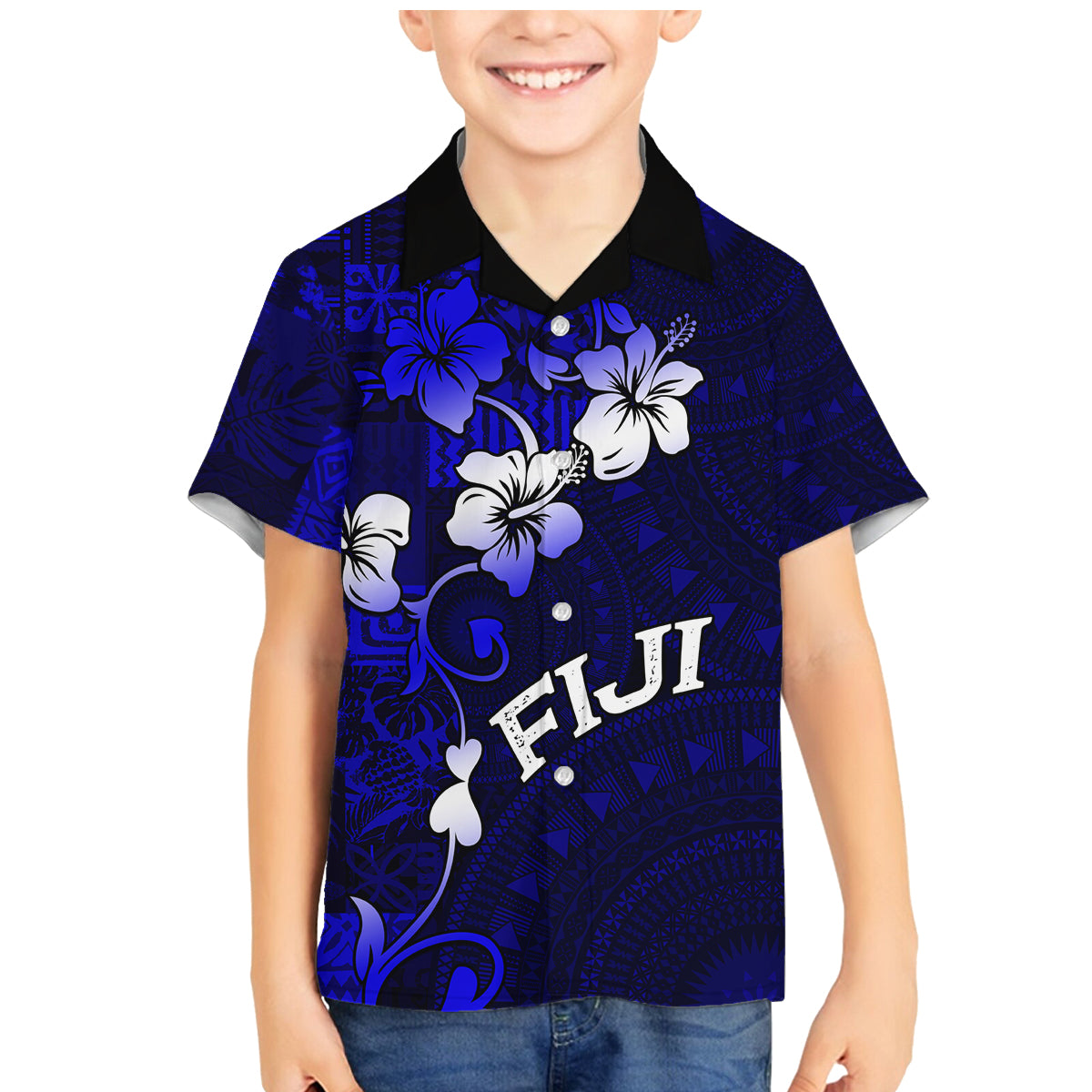 Fiji Masi Family Matching Mermaid Dress and Hawaiian Shirt Fijian Hibiscus Navy Blue Gold Version LT01 Son's Shirt Blue - Polynesian Pride