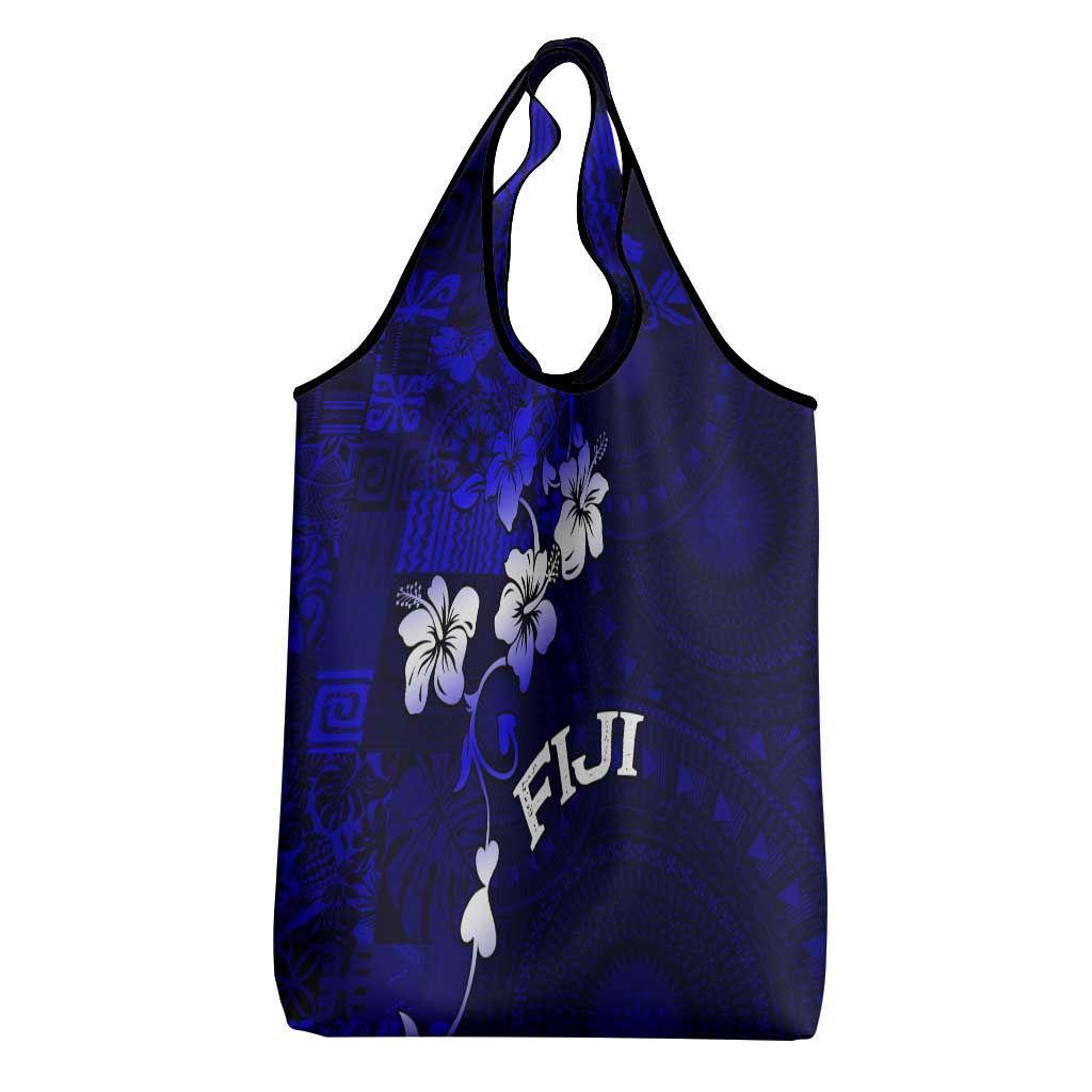Fiji Masi Grocery Bag Fijian Hibiscus Navy Blue Gold Version