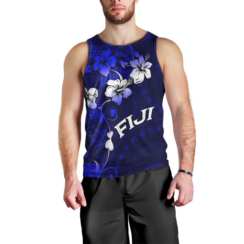 Fiji Masi Men Tank Top Fijian Hibiscus Navy Blue Gold Version LT01 - Polynesian Pride