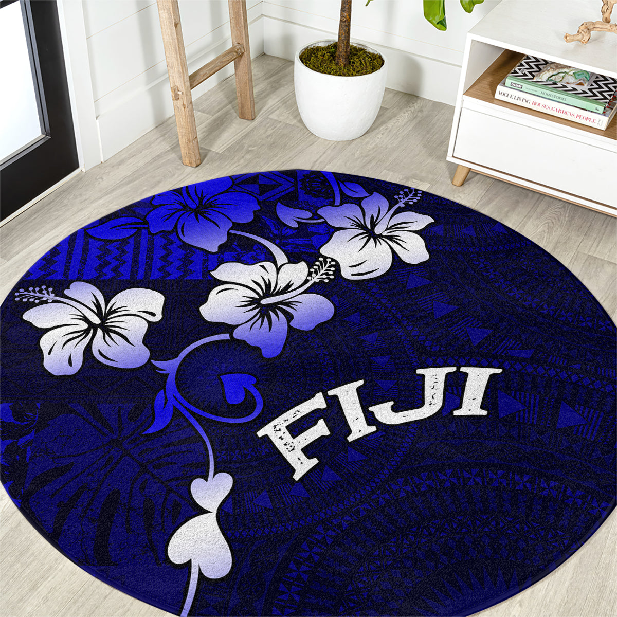 Fiji Masi Round Carpet Fijian Hibiscus Navy Blue Gold Version LT01 Blue - Polynesian Pride