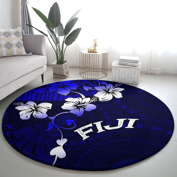 Fiji Masi Round Carpet Fijian Hibiscus Navy Blue Gold Version LT01