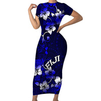 Fiji Masi Short Sleeve Bodycon Dress Fijian Hibiscus Navy Blue Gold Version LT01 Long Dress Blue - Polynesian Pride