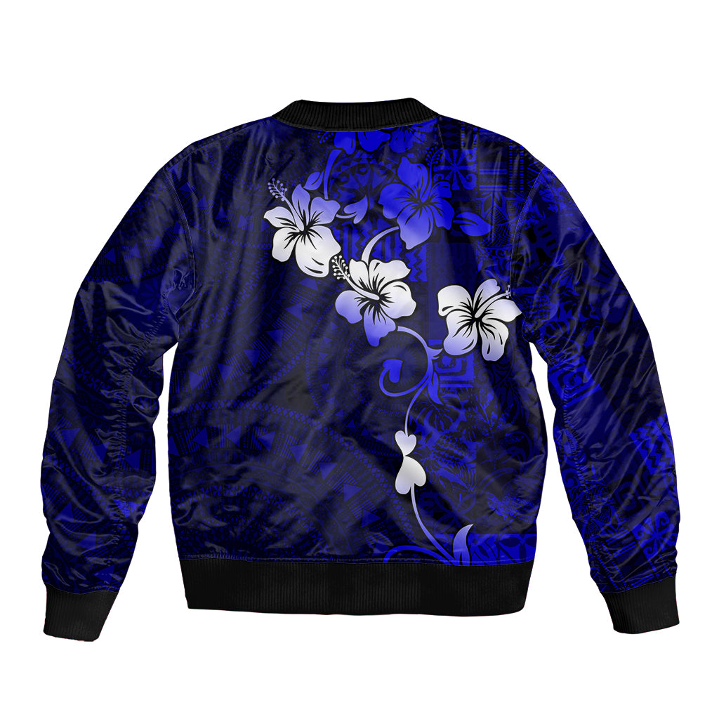 Fiji Masi Sleeve Zip Bomber Jacket Fijian Hibiscus Navy Blue Gold Version LT01 - Polynesian Pride