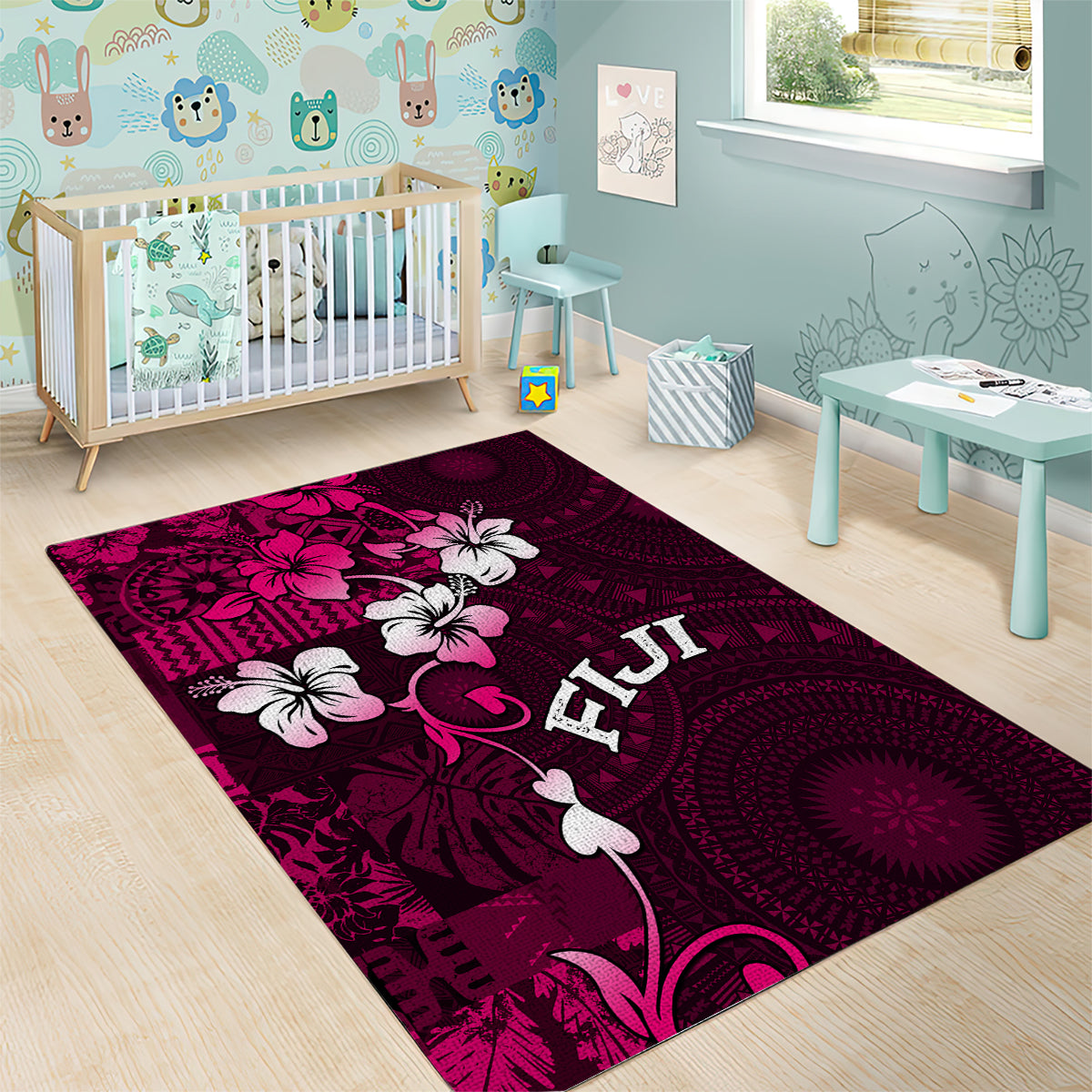 Fiji Masi Area Rug Fijian Hibiscus Tapa Pink Version LT01 - Polynesian Pride