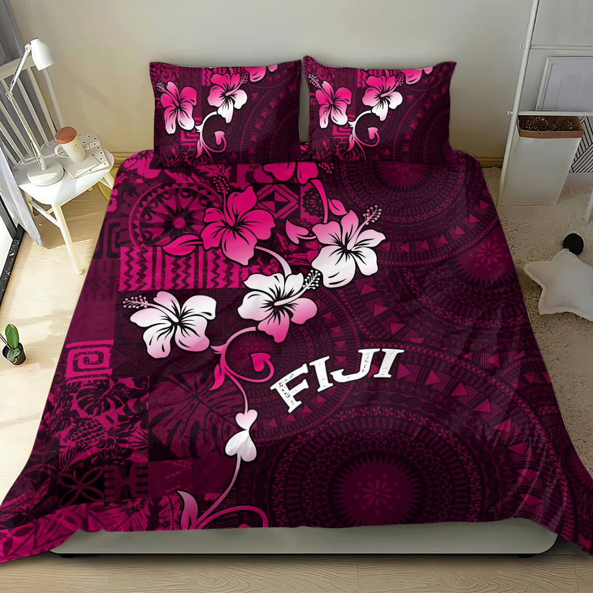 Fiji Masi Bedding Set Fijian Hibiscus Tapa Pink Version LT01 - Polynesian Pride