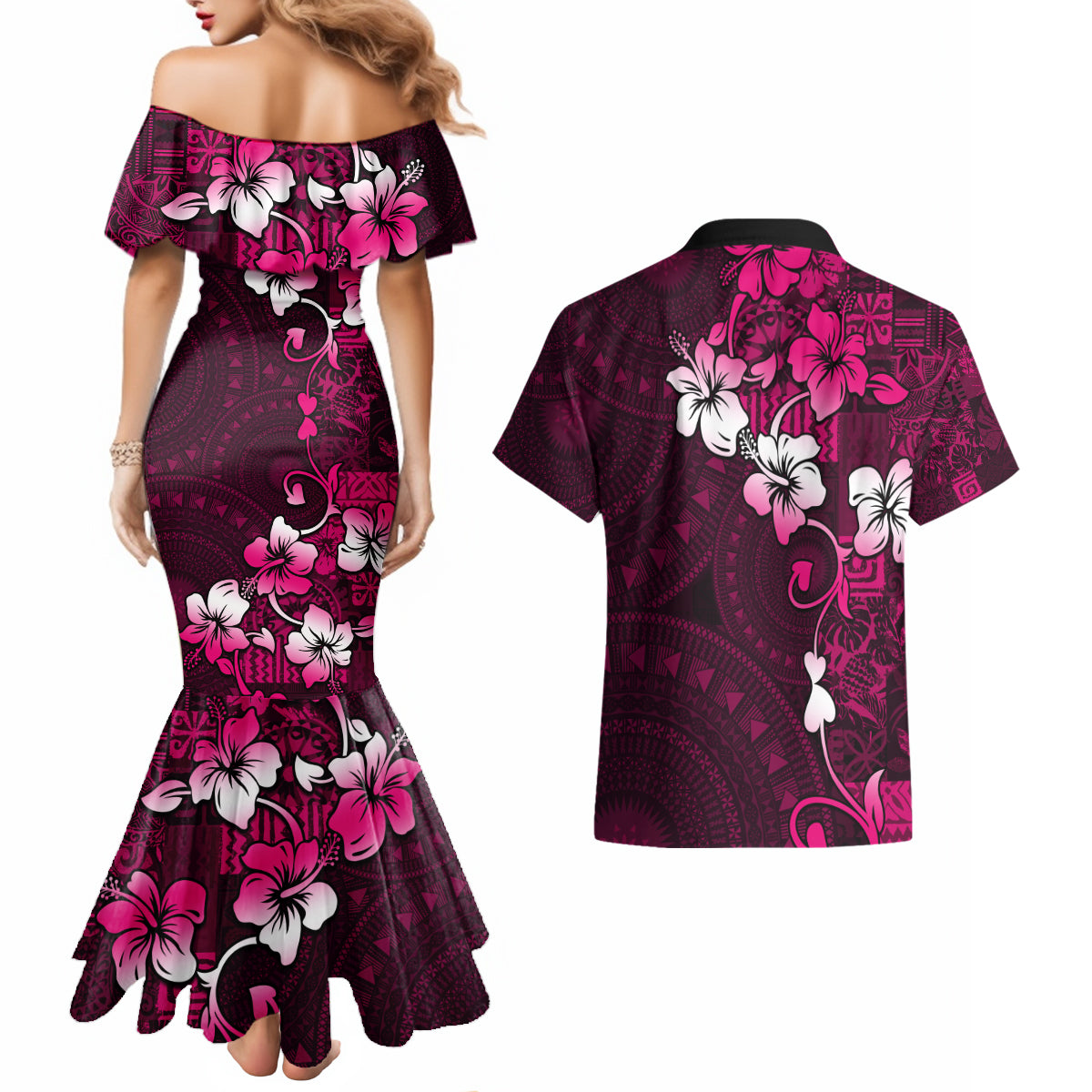 Fiji Masi Couples Matching Mermaid Dress and Hawaiian Shirt Fijian Hibiscus Tapa Pink Version LT01 - Polynesian Pride