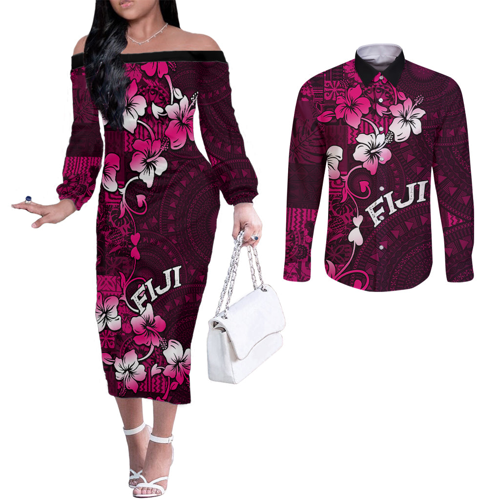 Fiji Masi Couples Matching Off The Shoulder Long Sleeve Dress and Long Sleeve Button Shirt Fijian Hibiscus Tapa Pink Version LT01 Pink - Polynesian Pride