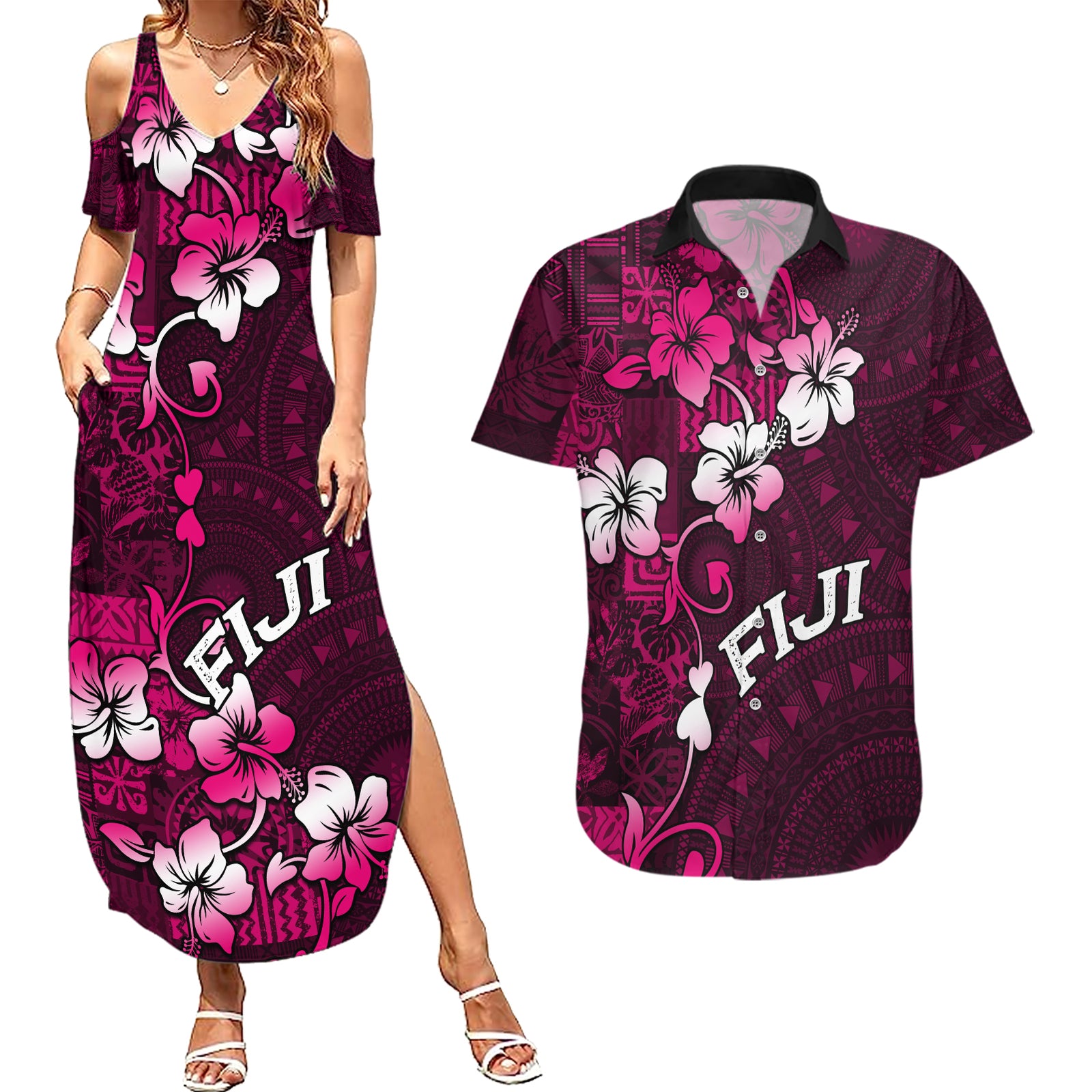 Fiji Masi Couples Matching Summer Maxi Dress and Hawaiian Shirt Fijian Hibiscus Tapa Pink Version LT01 Pink - Polynesian Pride