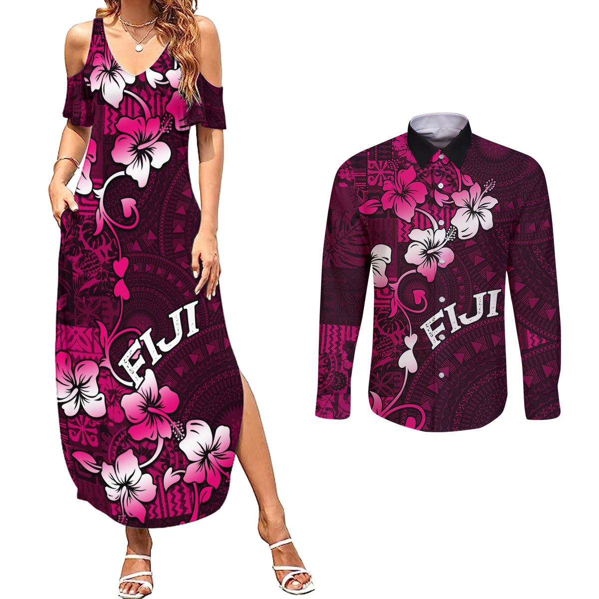 Fiji Masi Couples Matching Summer Maxi Dress and Long Sleeve Button Shirt Fijian Hibiscus Tapa Pink Version LT01 Pink - Polynesian Pride