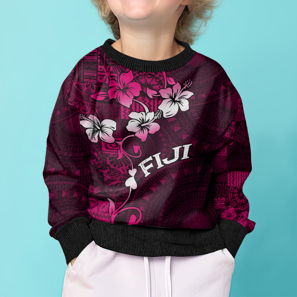 Fiji Masi Kid Ugly Christmas Sweater Fijian Hibiscus Tapa Pink Version LT01 - Polynesian Pride