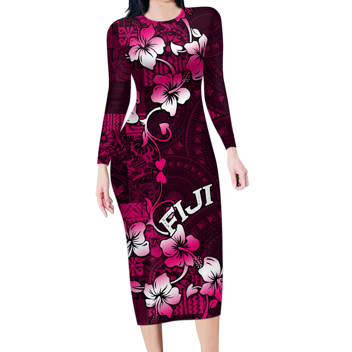 Fiji Masi Long Sleeve Bodycon Dress Fijian Hibiscus Tapa Pink Version LT01 Long Dress Pink - Polynesian Pride